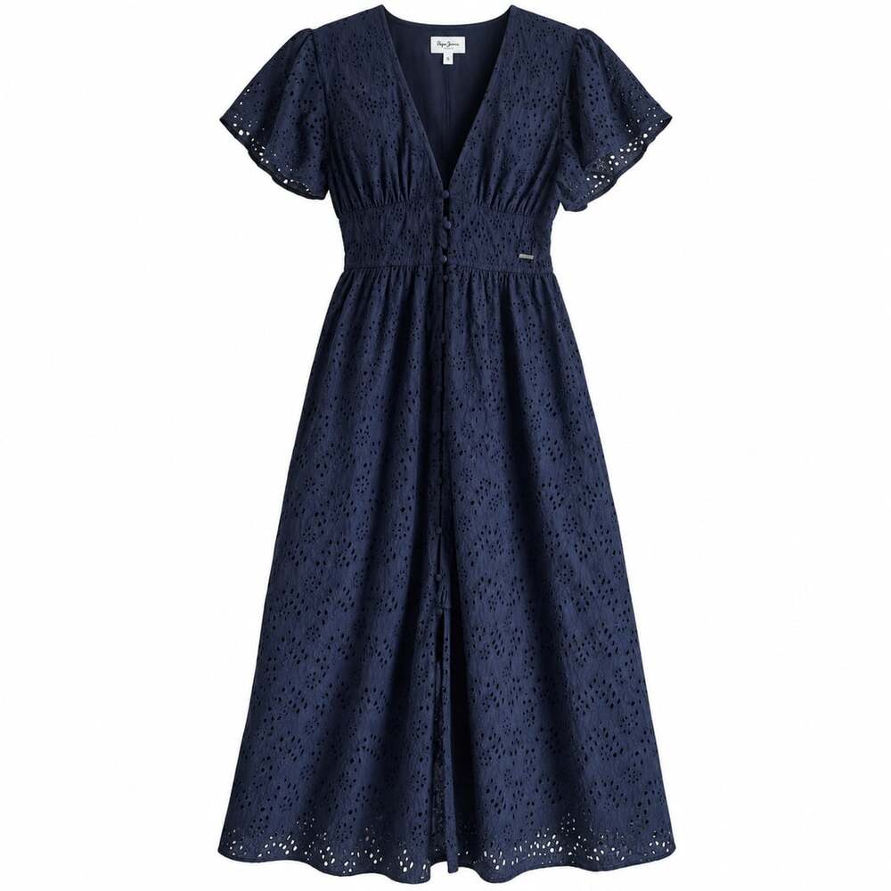 Pepe Jeans London Navy Eyelet Embroidered Midi Dress S Flutter Sleeve